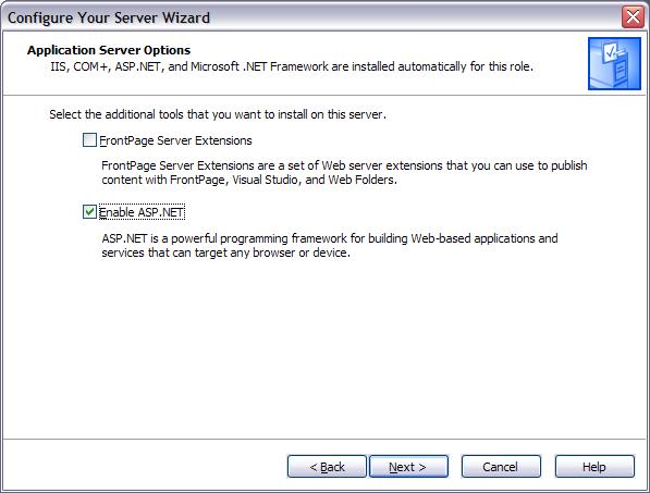 Zrzut ekranu przedstawiający ekran Kreatora konfigurowania serwera z systemem Windows zatytułowany opcje serwera aplikacji. Pole Włącz ASP.NET jest zaznaczone.