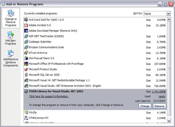 Zrzut ekranu przedstawiający ekran dodawania lub usuwania programów z wyróżnioną opcją Biblioteka MSDN dla programu Visual Studio .NET 2003.