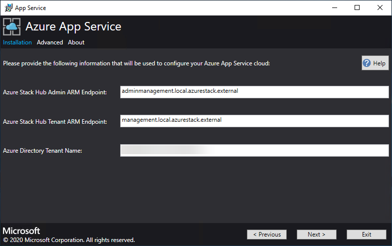 Zrzut ekranu przedstawiający ekran określający punkty końcowe usługi ARM dla App Service.