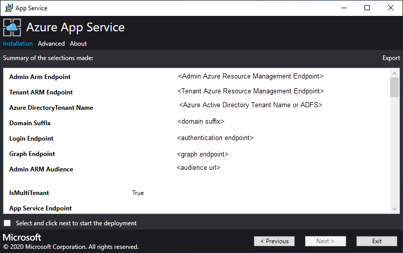 Zrzut ekranu przedstawiający podsumowanie opcji określonych dla wdrożenia przez Instalatora App Service