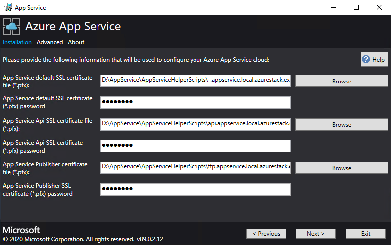 Zrzut ekranu przedstawiający ekran, na którym można podać szczegóły wymaganych certyfikatów w instalatorze App Service