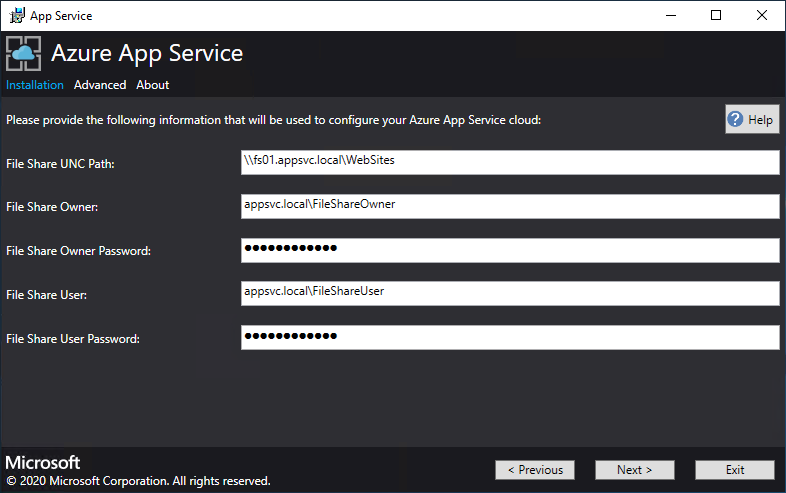 Zrzut ekranu przedstawiający ekran konfigurowania ścieżek i poświadczeń serwera plików w instalatorze App Service