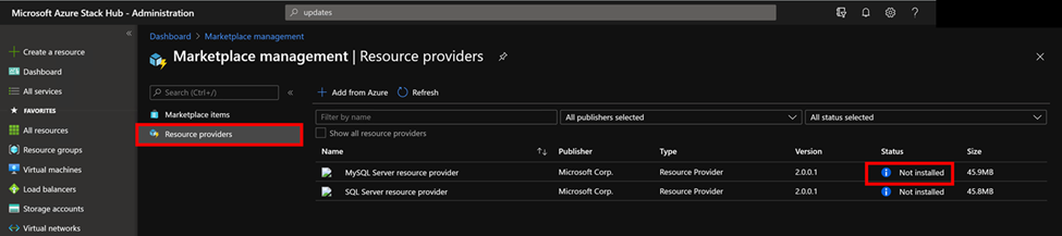 Zrzut ekranu przedstawiający zarządzanie witryną Marketplace przed zainstalowaniem dostawcy usług.