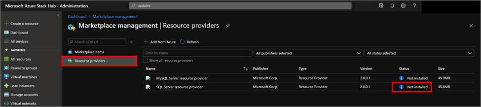 Zrzut ekranu przedstawiający zarządzanie witryną Marketplace przed zainstalowaniem dostawcy usług.