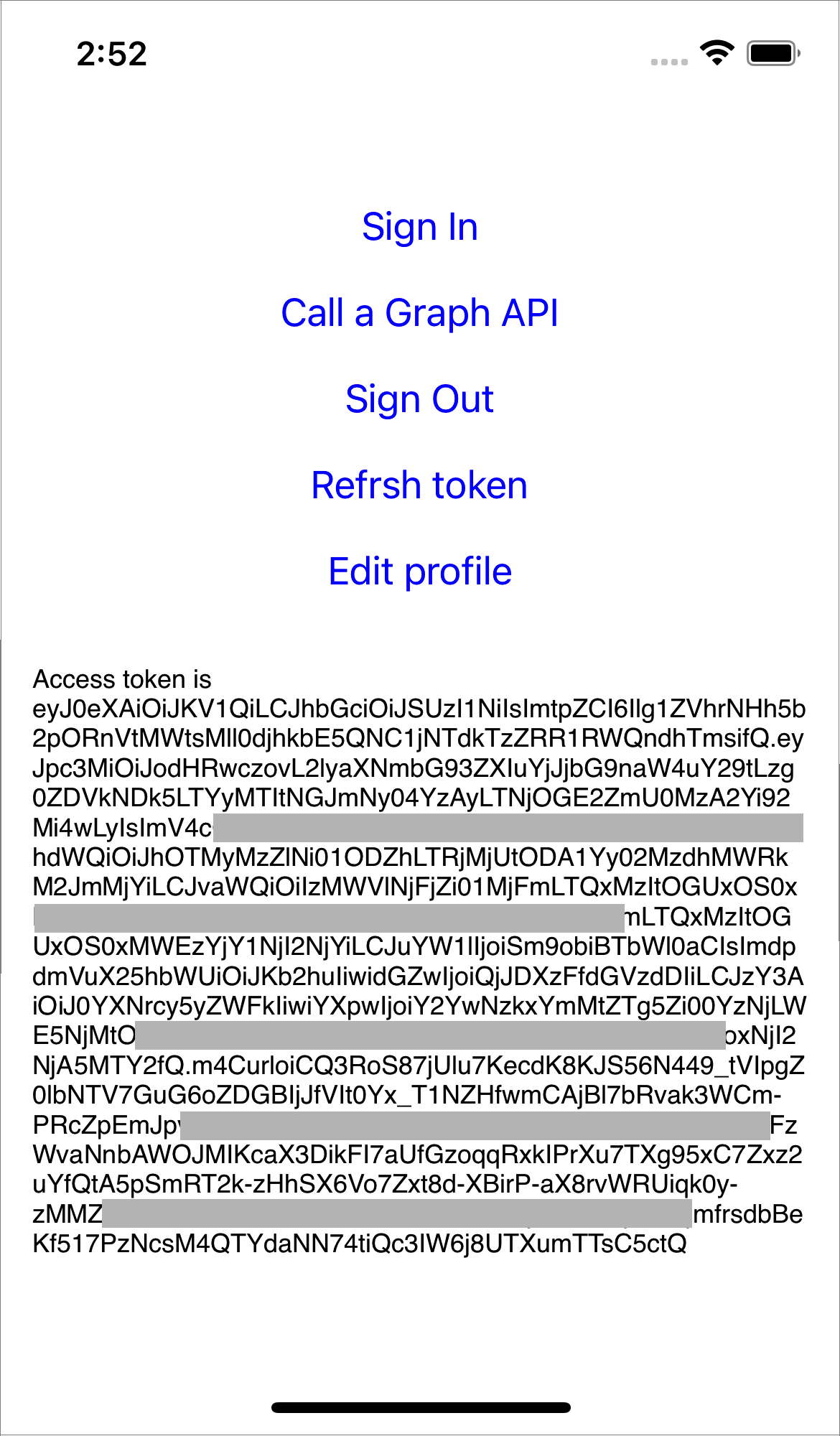 Zrzut ekranu przedstawiający token dostępu Azure AD B2C i identyfikator użytkownika.