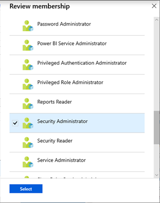 Zrzut ekranu przedstawiający listę przeglądów członkostwa ról firmy Microsoft Entra.