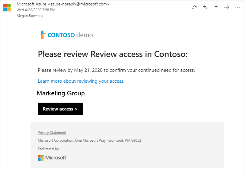 Przykładowa wiadomość e-mail od firmy Microsoft w celu przejrzenia dostępu do grupy