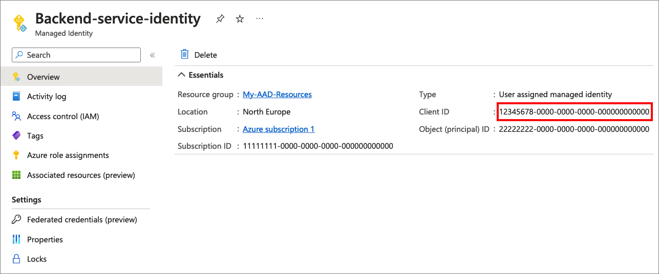 Zrzut ekranu przedstawiający sposób kopiowania identyfikatora klienta tożsamości zarządzanej.