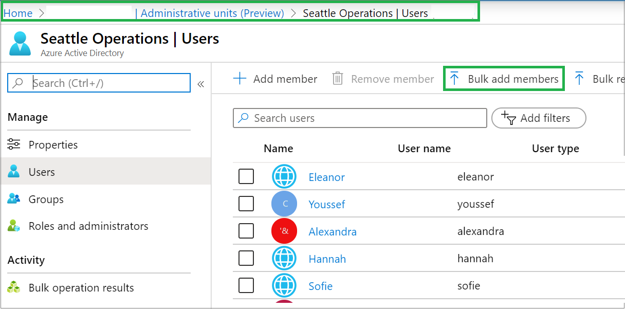 Zrzut ekranu przedstawiający stronę Użytkownicy do przypisywania użytkowników do jednostki administracyjnej jako operacji zbiorczej.