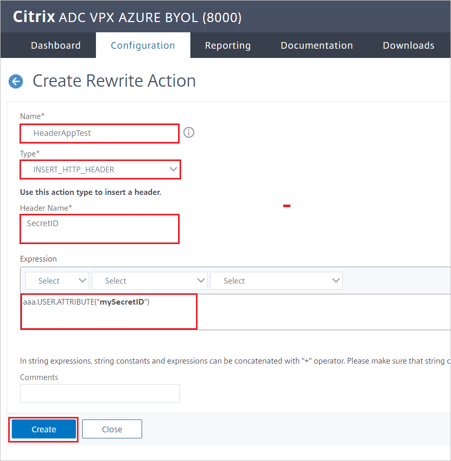 Citrix ADC configuration - Create Rewrite Action pane
