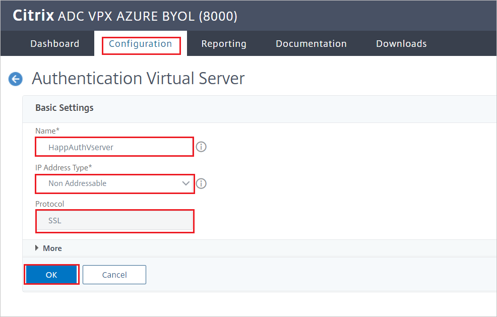 Citrix ADC configuration - Authentication Virtual Server pane