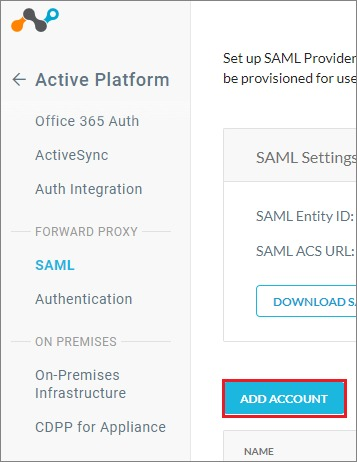 Screenshot shows ADD ACCOUNT selected in the SAML pane.