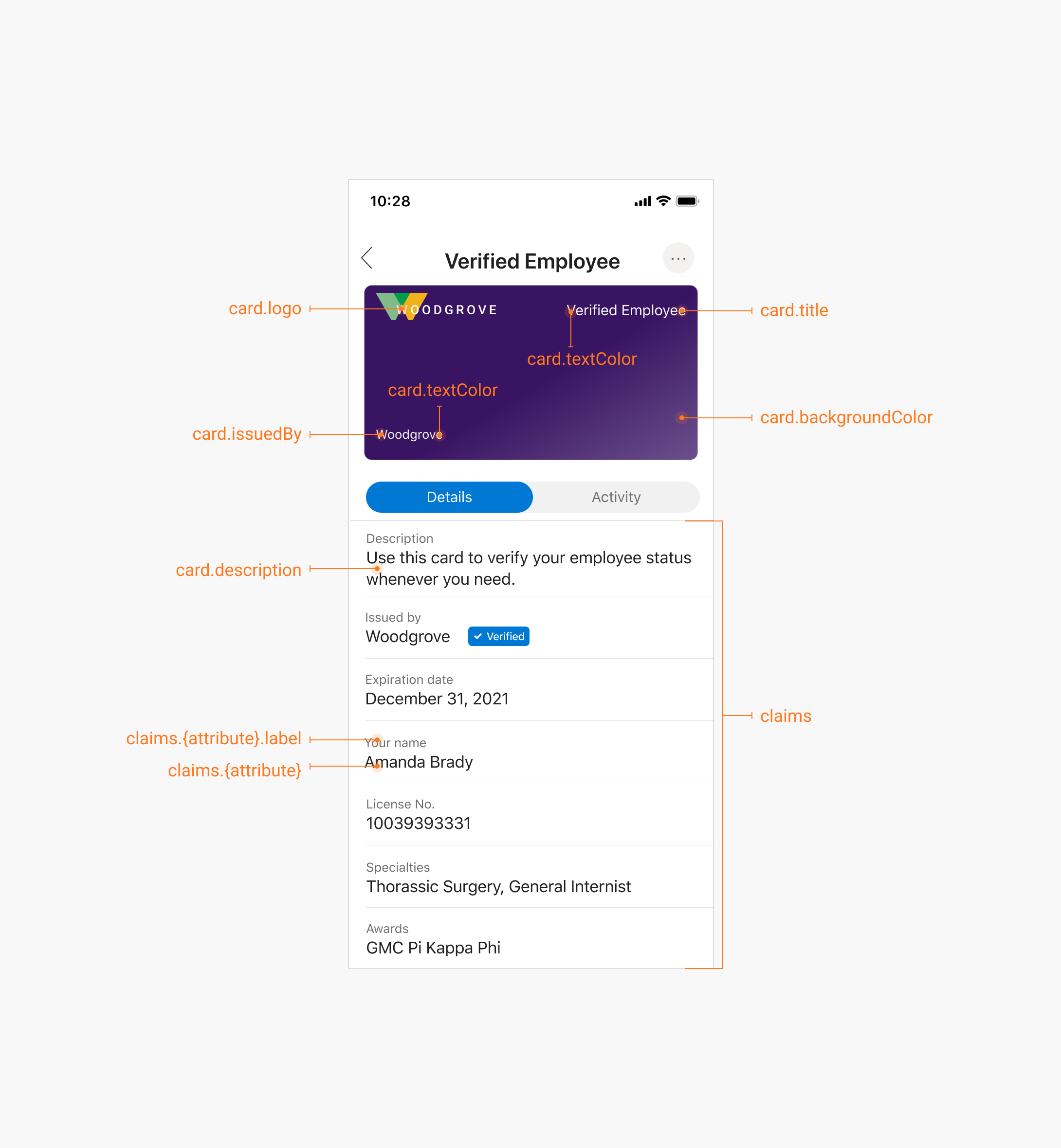 Zrzut ekranu przedstawiający zweryfikowaną kartę poświadczeń w aplikacji Authenticator, która wywołuje kluczowe elementy.