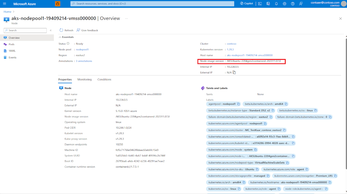 Zrzut ekranu przedstawiający stronę węzłów klastra usługi AKS w witrynie Azure Portal. Etykieta wersji obrazu węzła wyraźnie pokazuje obraz węzła podstawowego i najnowszą zastosowaną datę poprawki zabezpieczeń.