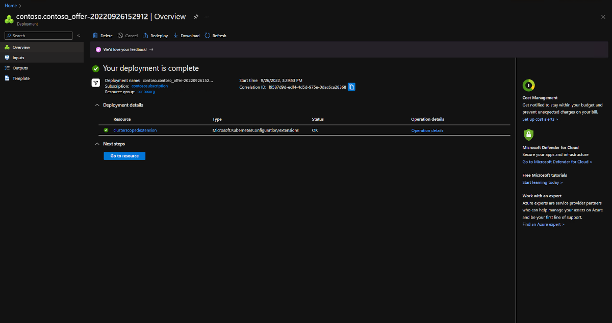 Zrzut ekranu witryny Azure Portal przedstawiający pomyślne wdrożenie zasobów w klastrze.
