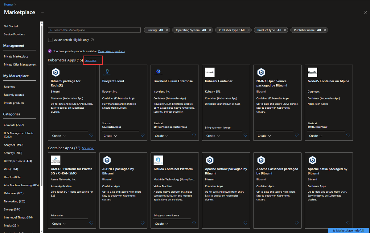Zrzut ekranu przedstawiający oferty usługi Azure Marketplace K8s w witrynie Azure Portal. Wyróżniono pozycję 