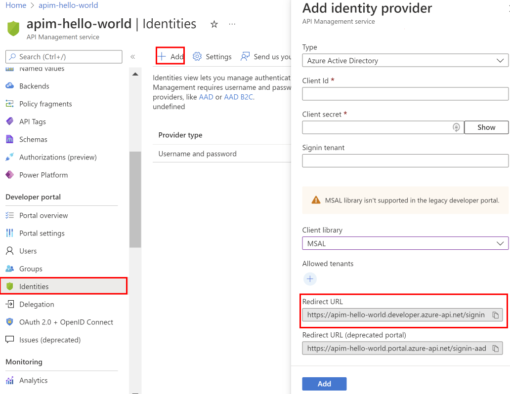 Zrzut ekranu przedstawiający dodawanie dostawcy tożsamości w witrynie Azure Portal.