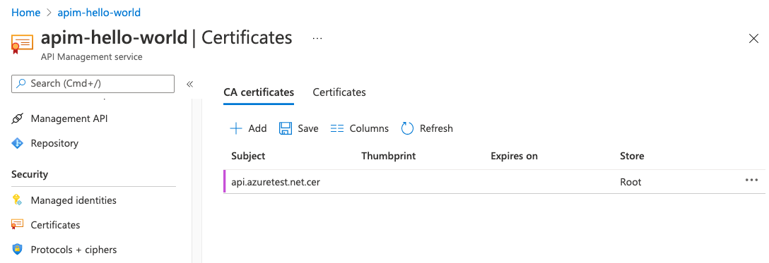 Certyfikaty urzędu certyfikacji w witrynie Azure Portal