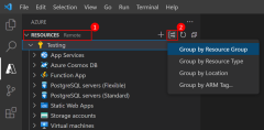 Zrzut ekranu przedstawiający sposób usuwania grupy zasobów w programie VS Code przy użyciu rozszerzenia Azure Tools.