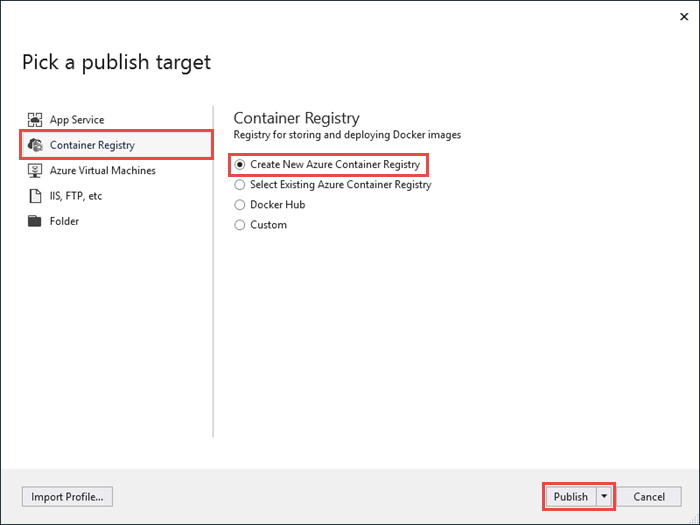 Zrzut ekranu kreatora publikowania przedstawiający usługę Container Registry, Utwórz nowy rejestr kontenerów platformy Azure i wybrany przycisk Publikuj.
