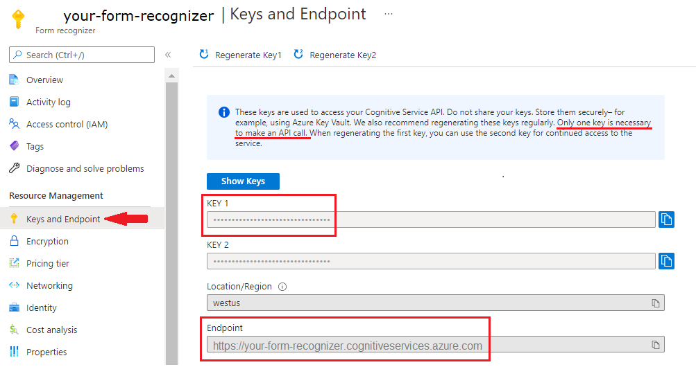 Zrzut ekranu przedstawiający klucze i lokalizację punktu końcowego w witrynie Azure Portal.