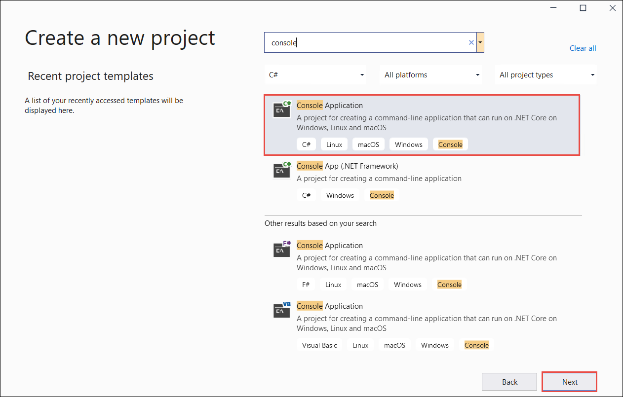 Zrzut ekranu przedstawiający stronę tworzenia nowego projektu programu Visual Studio.