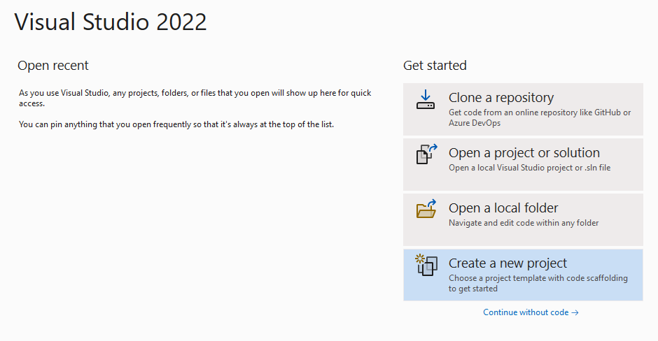 Zrzut ekranu przedstawiający okno uruchamiania programu Visual Studio.