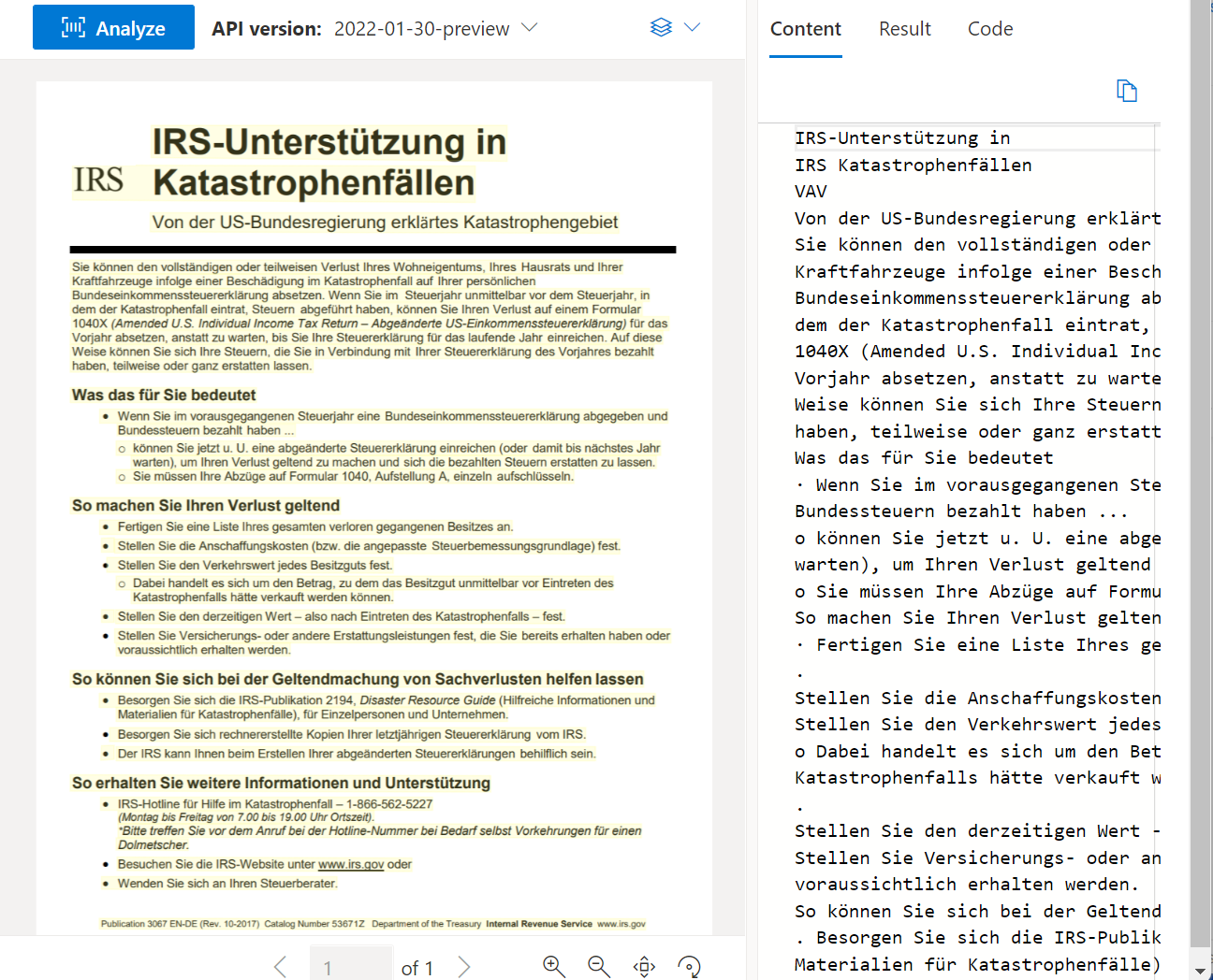 Zrzut ekranu przedstawiający zrzut ekranu przedstawiający przykładowy dokument przetwarzany przy użyciu narzędzia Document Intelligence Studio Read