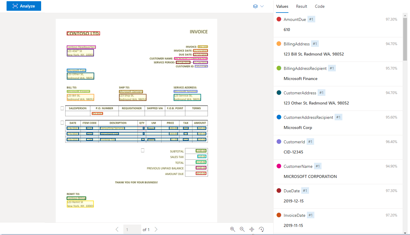 Zrzut ekranu przedstawiający przykładową fakturę przeanalizowaną w narzędziu Document Intelligence Studio.