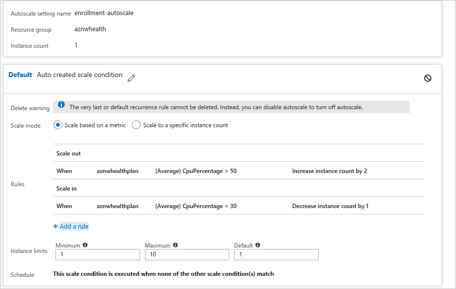 Zrzut ekranu przedstawiający sposób konfigurowania autoskalowania w usłudze aplikacja systemu Azure Service.