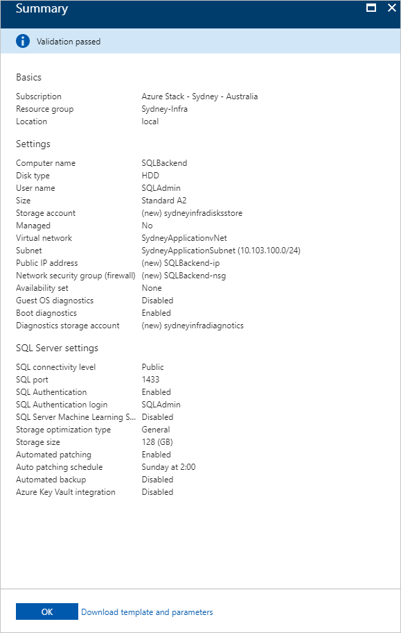 Zrzut ekranu przedstawiający podsumowanie konfiguracji w portalu użytkowników usługi Azure Stack Hub.