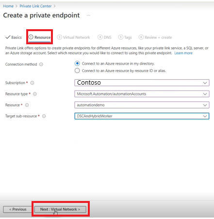 Screenshot of how to create a private endpoint in Resource tab.