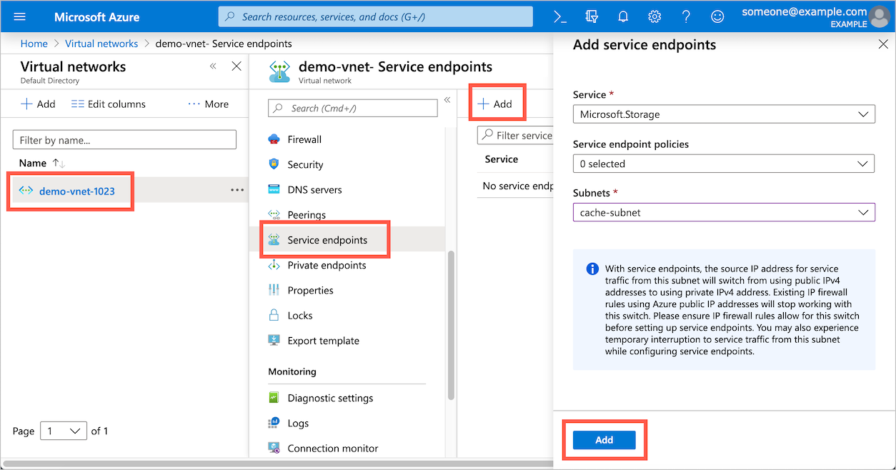Azure portal screenshot with annotations for the steps of creating the service endpoint