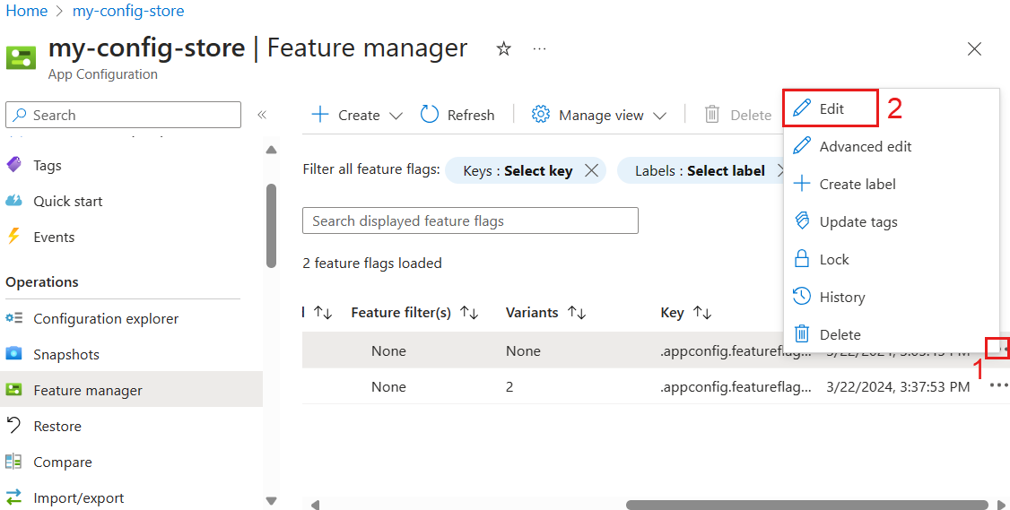 Zrzut ekranu przedstawiający platformę Azure. Edytuj flagę funkcji.