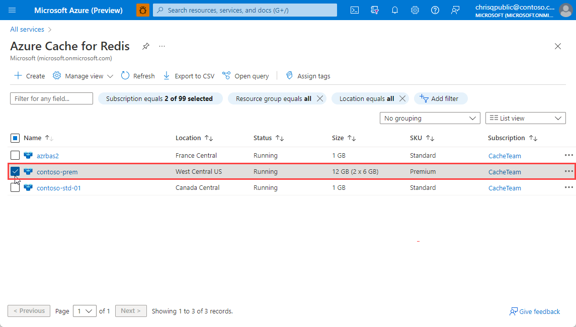 Azure Cache for Redis Browse Cache List
