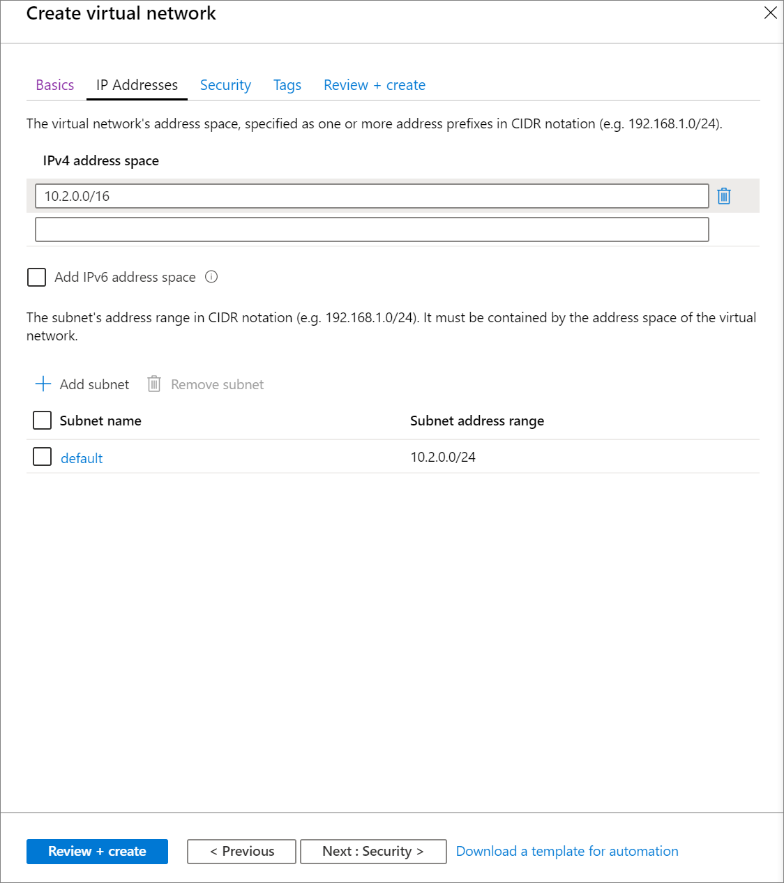 Ustawianie konfiguracji adresów IP dla sieci wirtualnej w witrynie Azure Portal