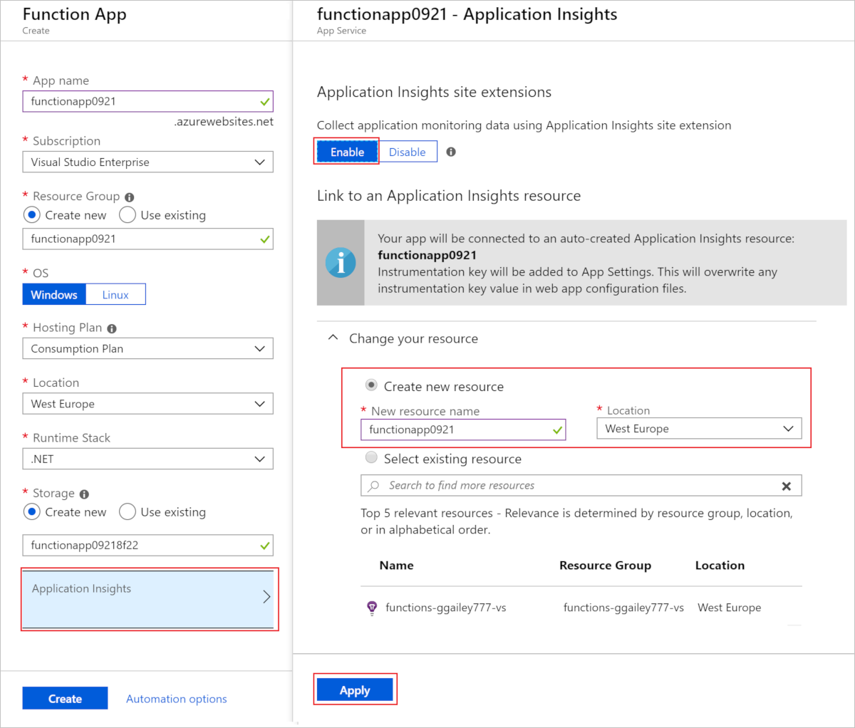 Screenshot of enabling Application Insights while creating a function app.