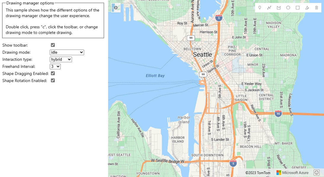 Zrzut ekranu przedstawiający mapę Seattle z panelem po lewej stronie przedstawiającym opcje menedżera rysunku, które można wybrać, aby zobaczyć efekty, które tworzą na mapie.