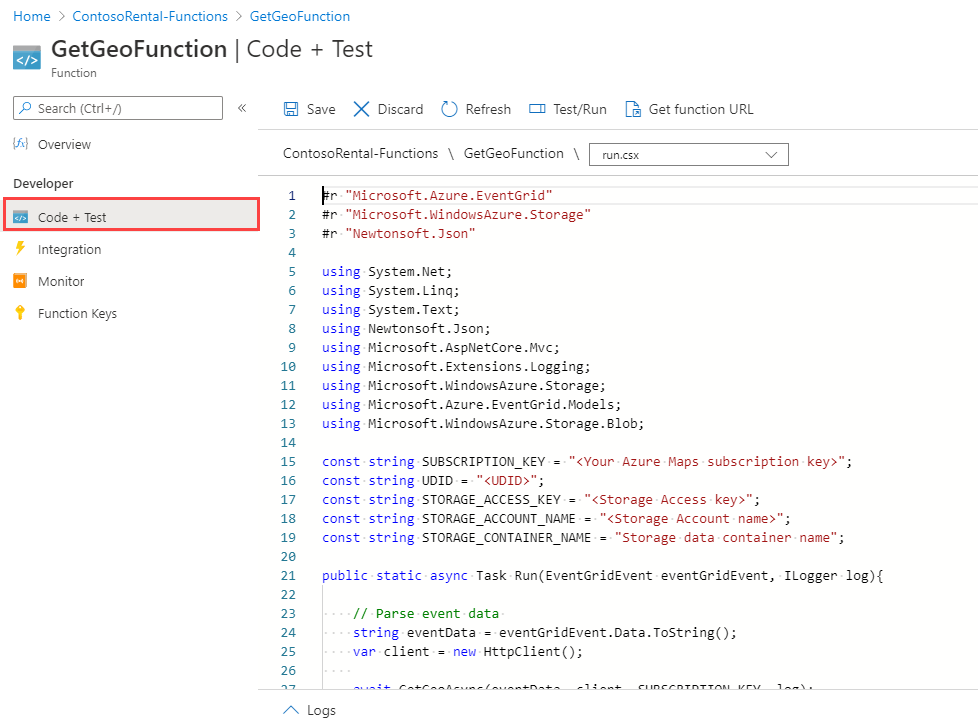 Skopiuj/zrzut ekranu przedstawiający wklejanie kodu do okna funkcji.