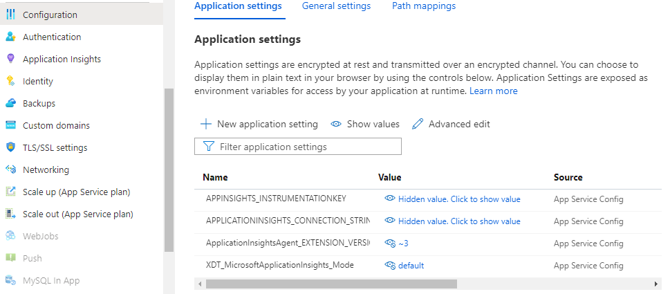 Zrzut ekranu przedstawiający Ustawienia aplikacji usługi App Service z dostępnymi ustawieniami usługi Application Szczegółowe informacje.