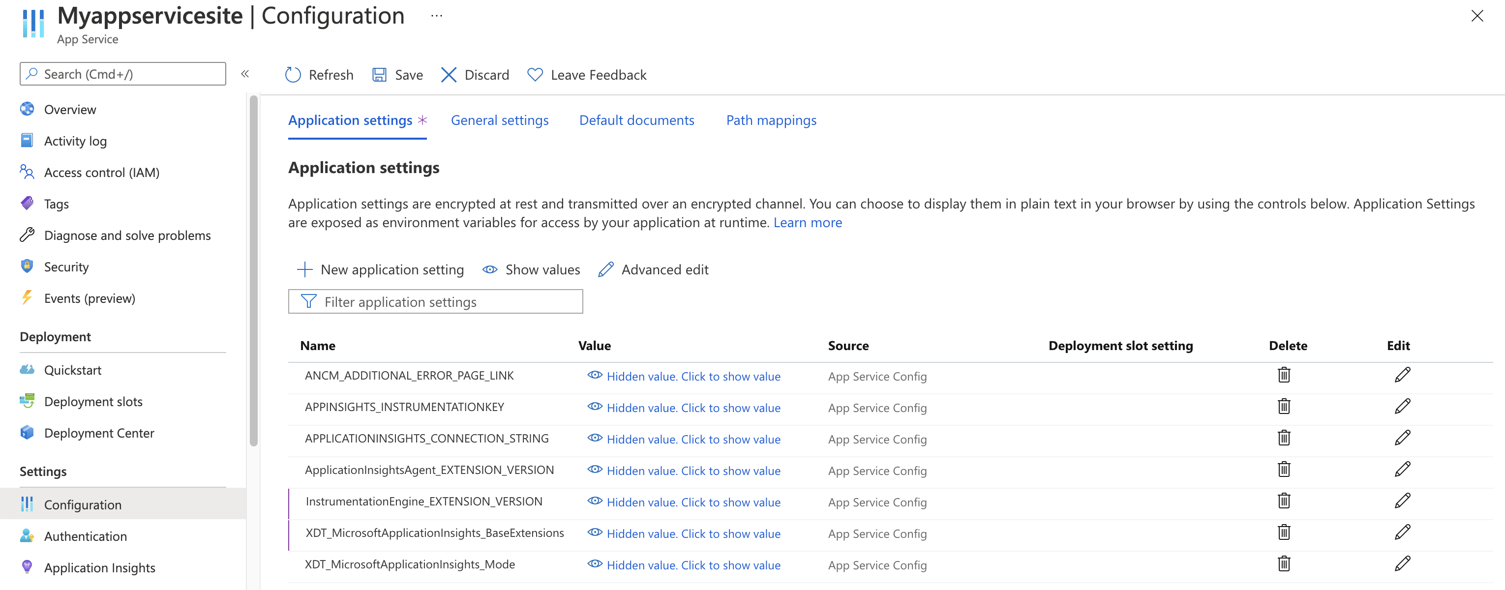 Zrzut ekranu App Service application Ustawienia z ustawieniami Szczegółowe informacje aplikacji.