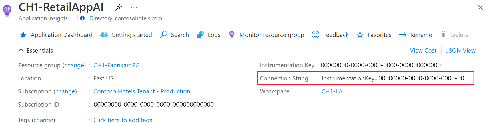 Screenshot of the Application Insights connection string.