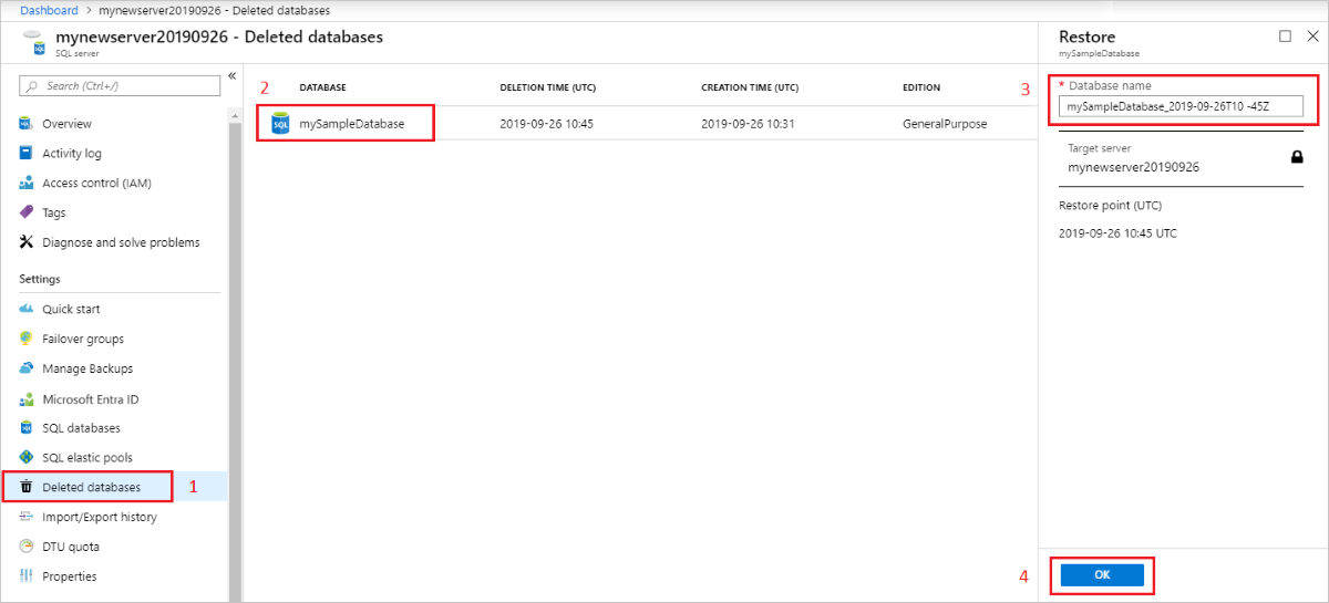 Zrzut ekranu witryny Azure Portal przedstawiający sposób przywracania usuniętej bazy danych.