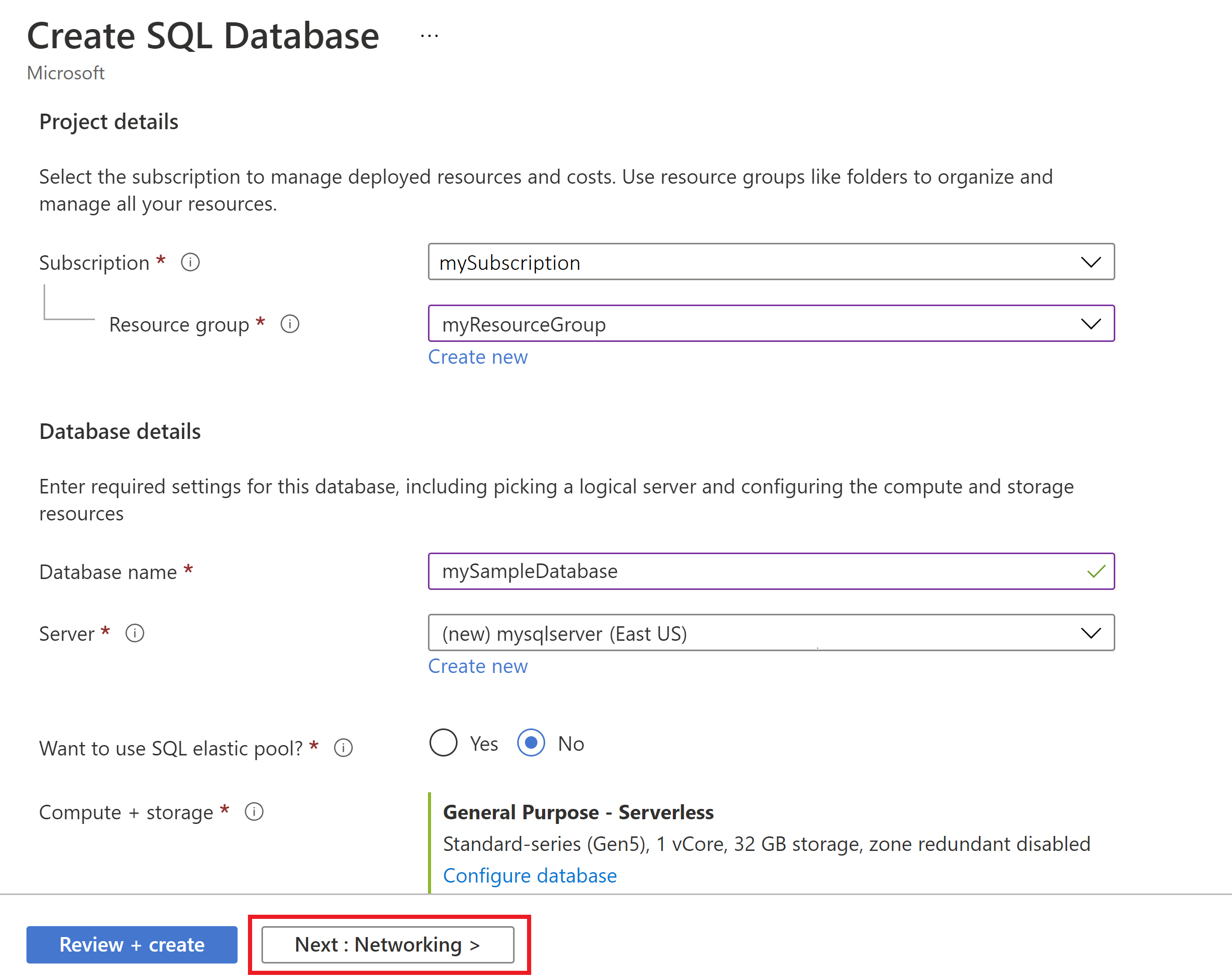 New SQL database - Basic tab
