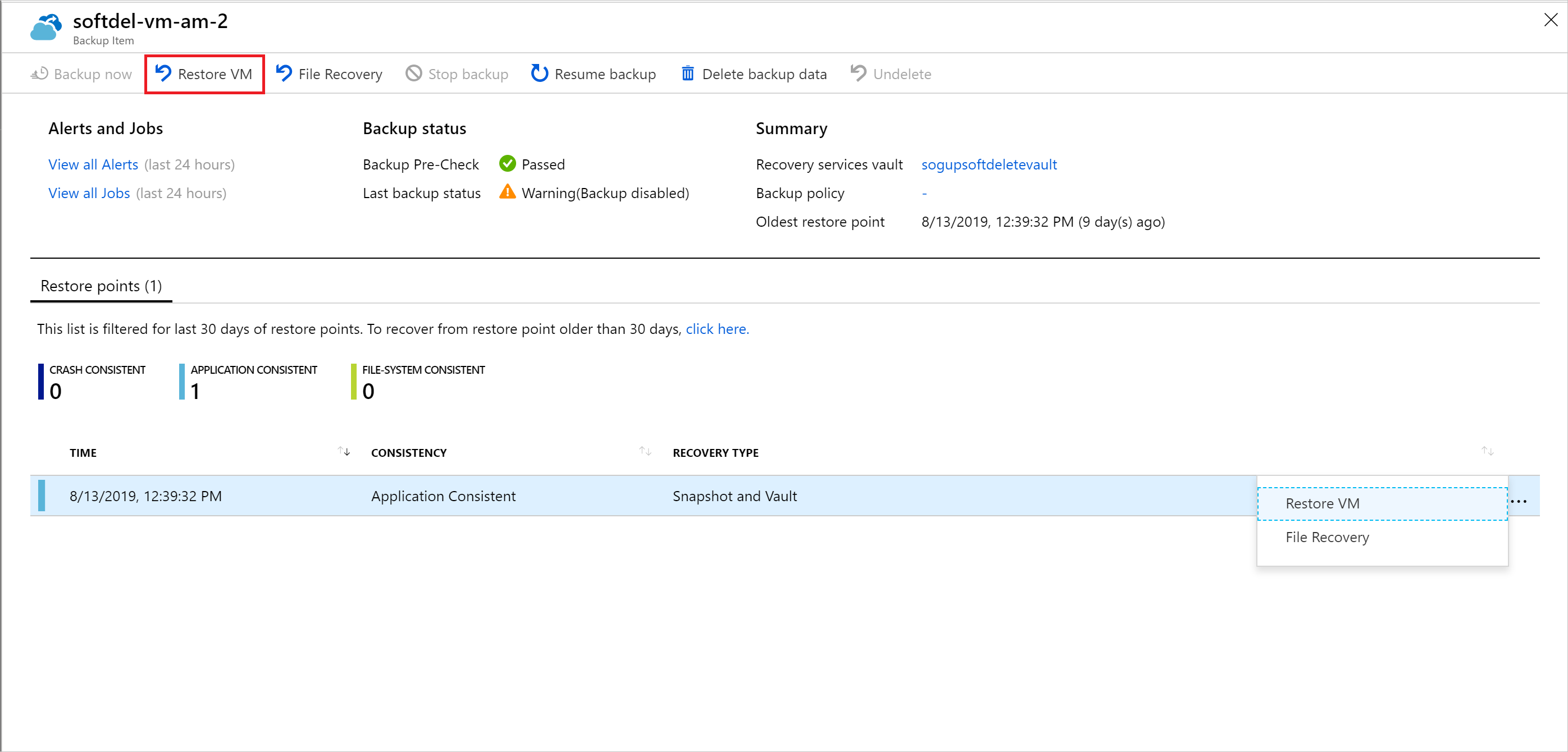 Screenshot of Azure portal, Restore VM option