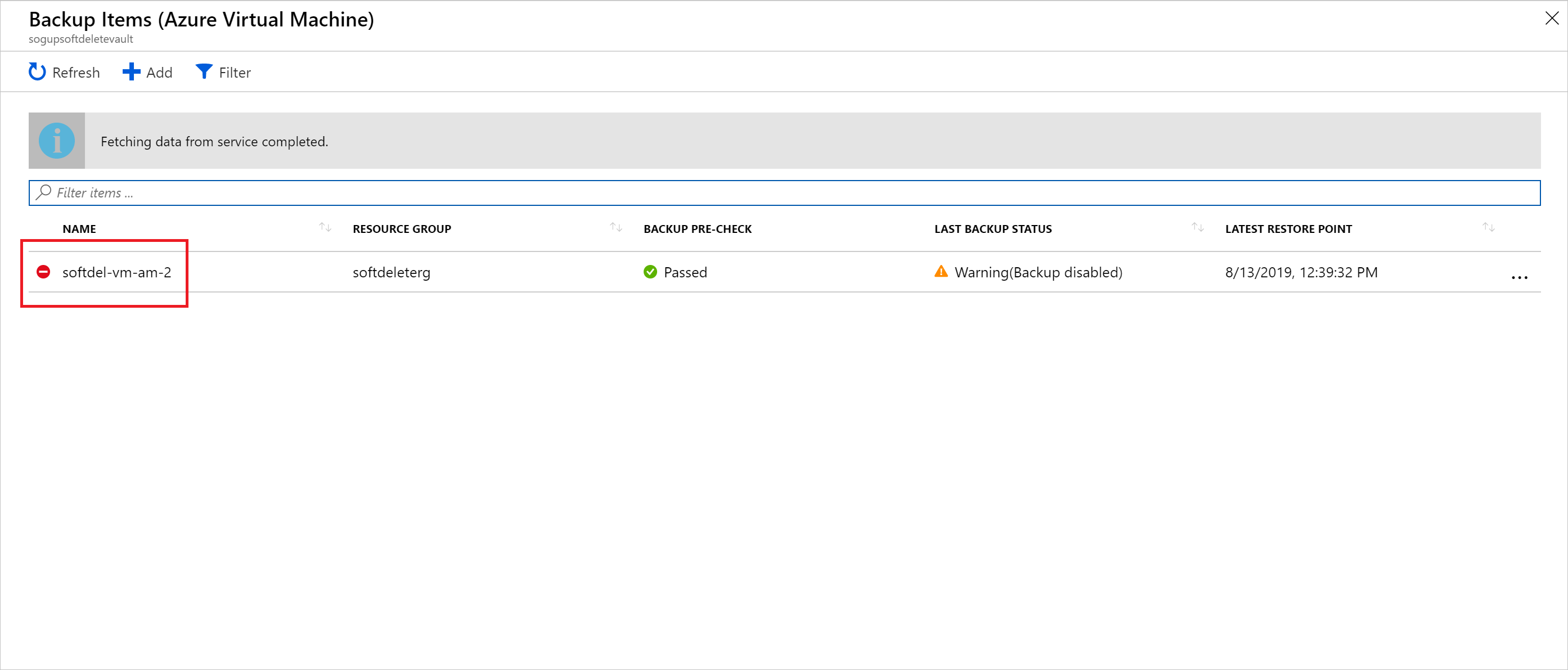 Screenshot of Azure portal, VM in soft delete state