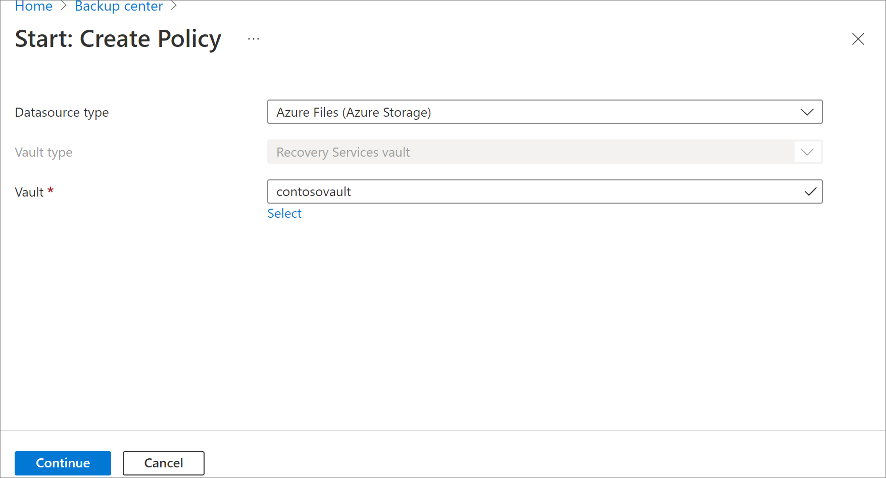 Screenshot showing to select Azure File share as the policy type.