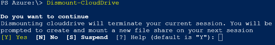Zrzut ekranu przedstawiający uruchamianie polecenia Dismount-CloudDrive w programie PowerShell.