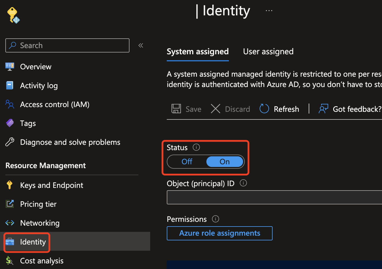 Zrzut ekranu przedstawiający włączanie tożsamości zarządzanej w witrynie Azure Portal.