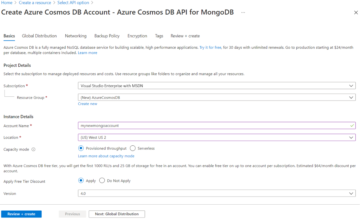 Zrzut ekranu przedstawiający stronę nowego konta dla usługi Azure Cosmos DB.